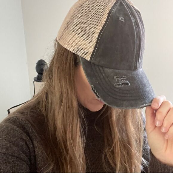 CC Canvas Cotton Distressed Brim Strap Hat Mesh Ponytail Holder Baseball Cap OS - Picture 12 of 12